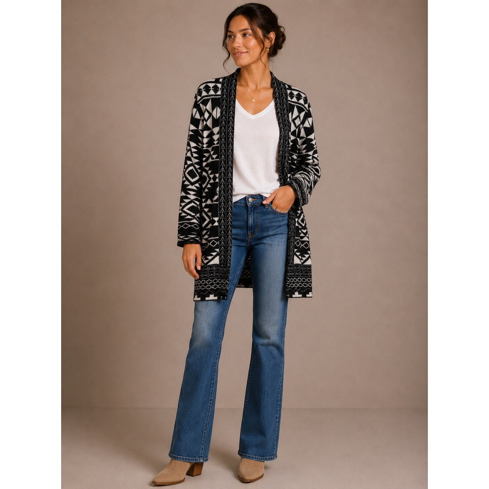 Frye Cardigan Sweater Womens Mediu Black White Geometric Aztec Open Front Pocket